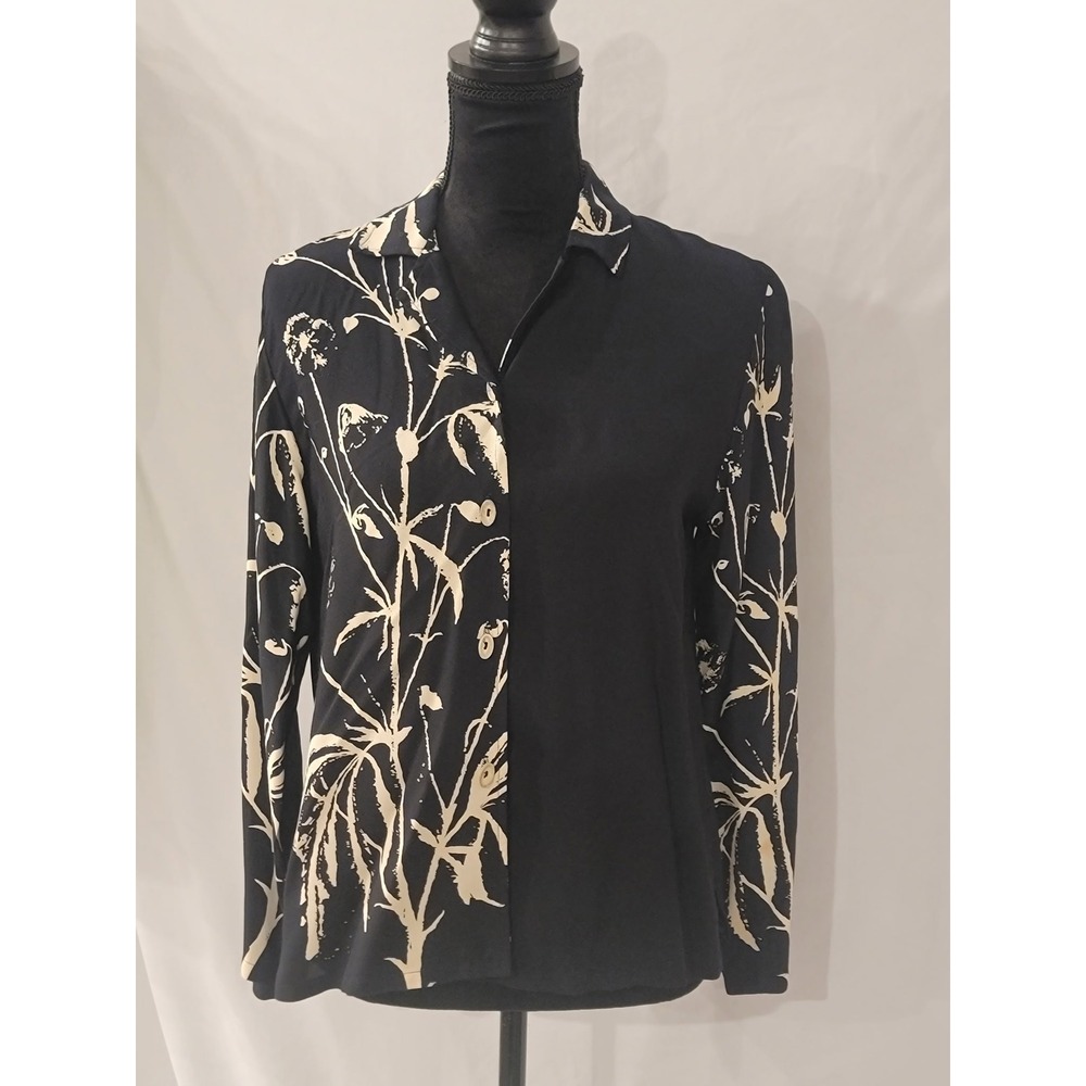 David Dart Petites Black Cream Floral Botanical Button Down Shirt Size P